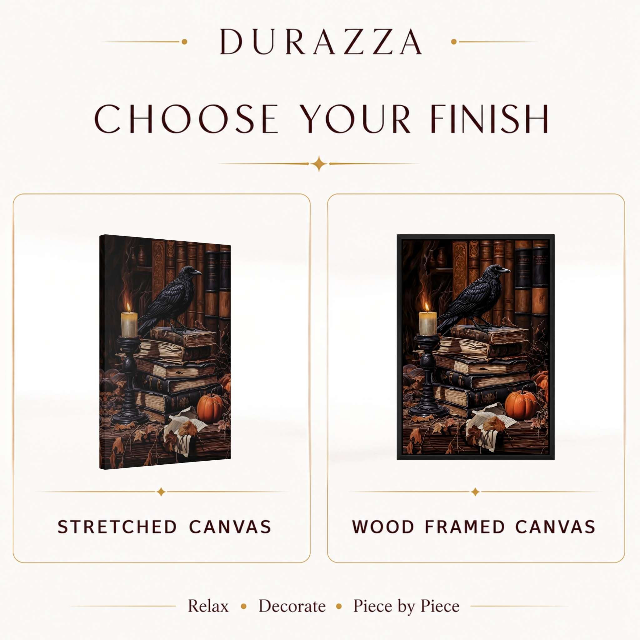 Two canvas options for 'Durazza' one stretched canvas and one black wood-framed canvas with a crow on books and pumpkins theme.