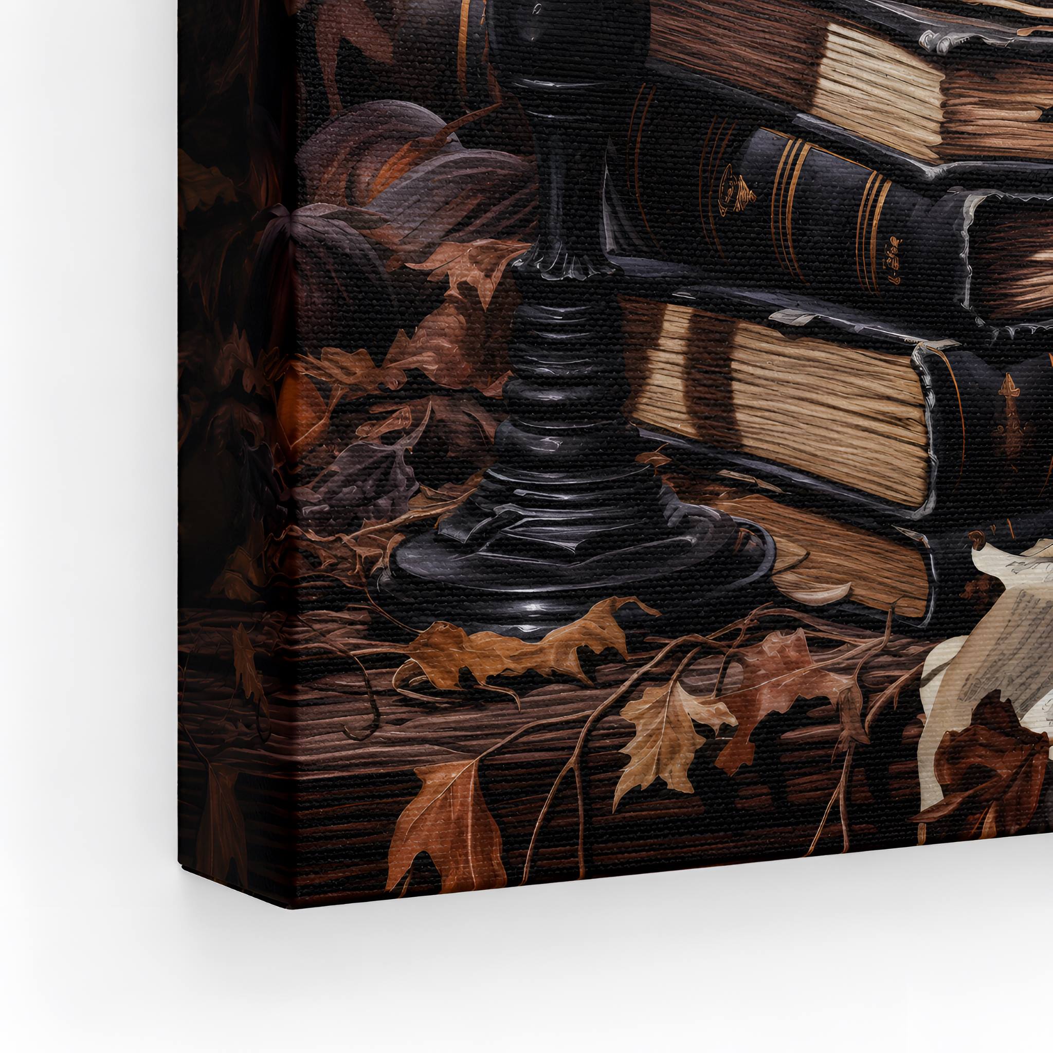 Canvas print of a still life scene with books, a candlestick, and leaves.