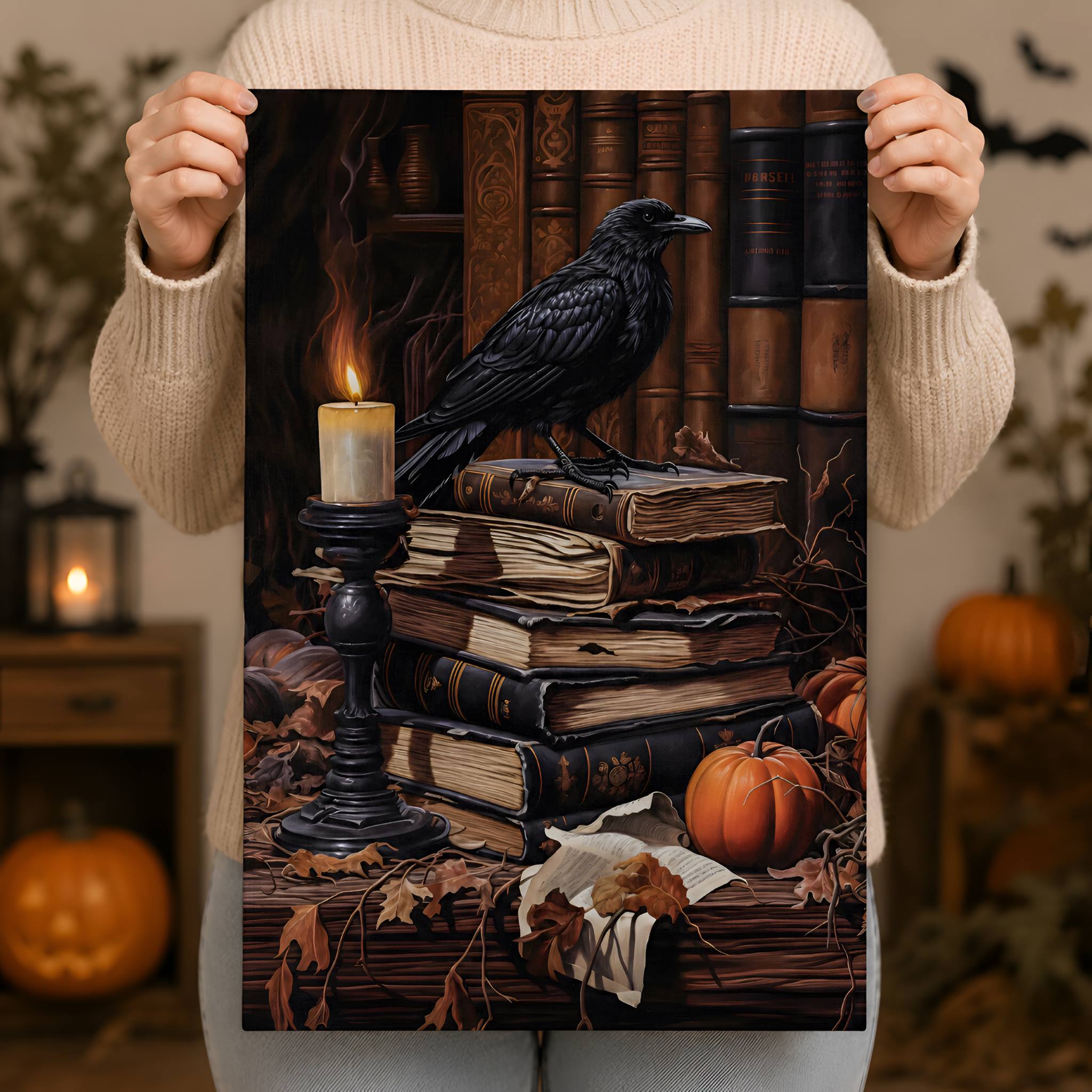 Person holding a Halloween-themed canvas art print with a crow, books, and candle.