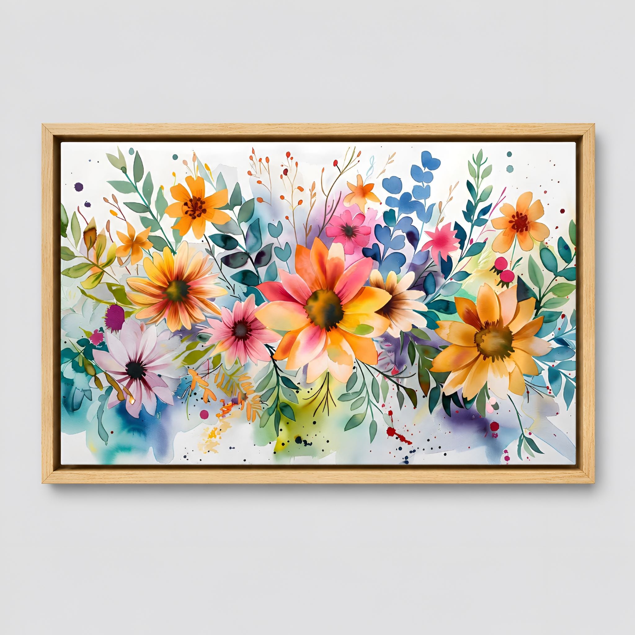 Framed colorful wildflower canvas artwork on a light gray background