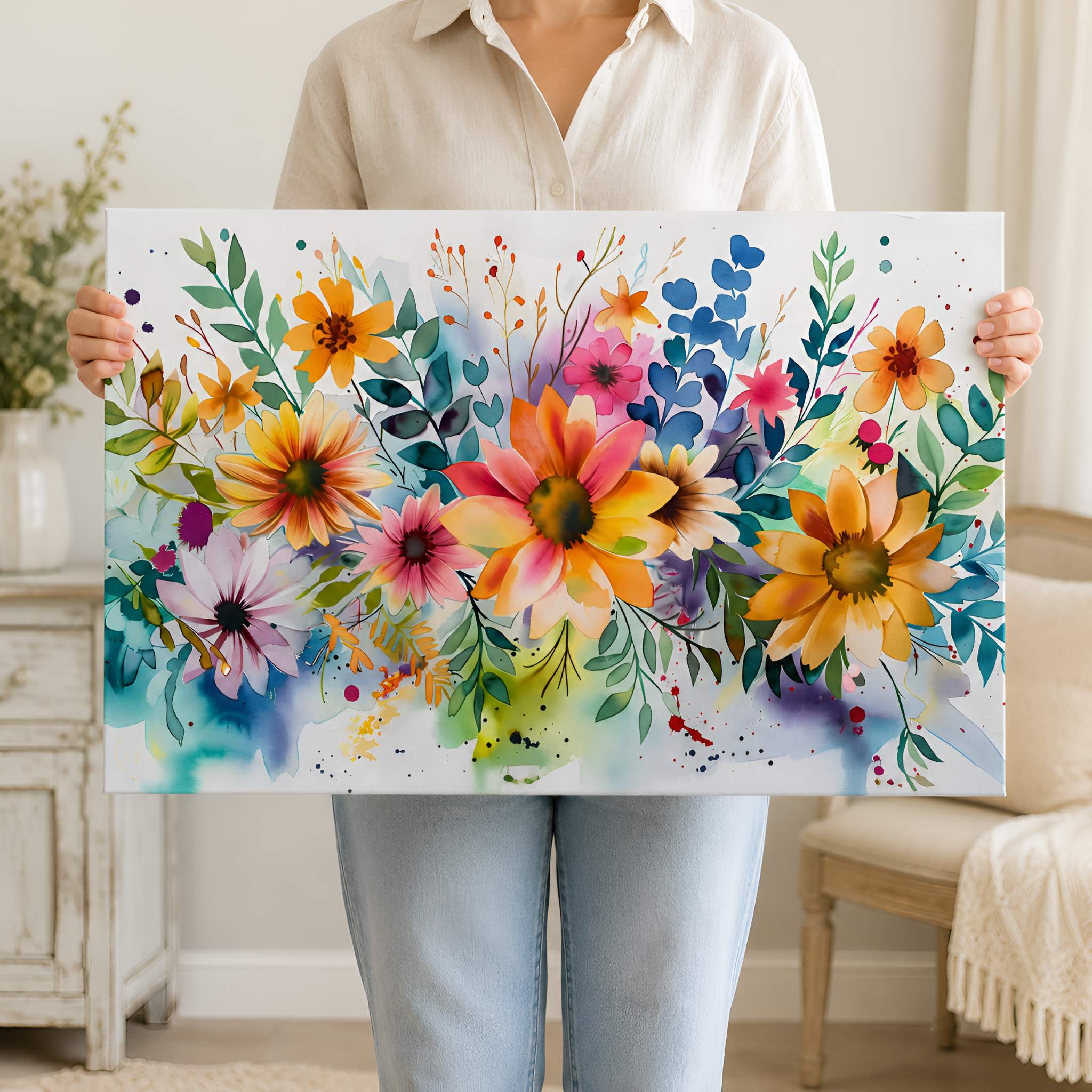 Mom holding a colorful floral painting in a cottage home setting