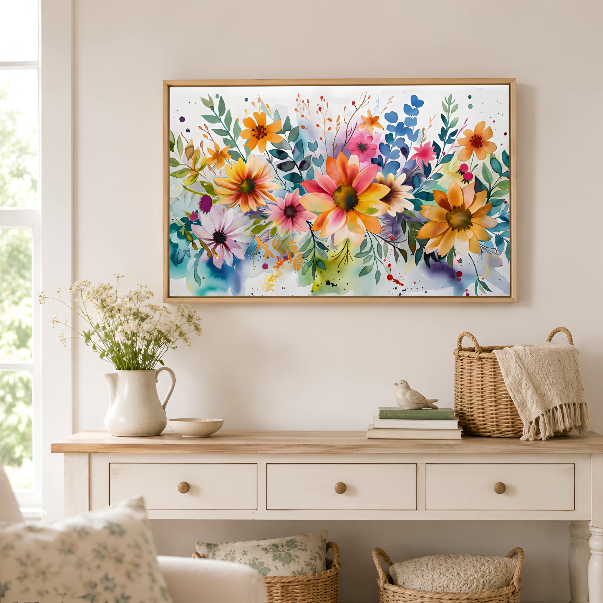 Floral painting on a wall above a wooden cottage console table with decorative items.