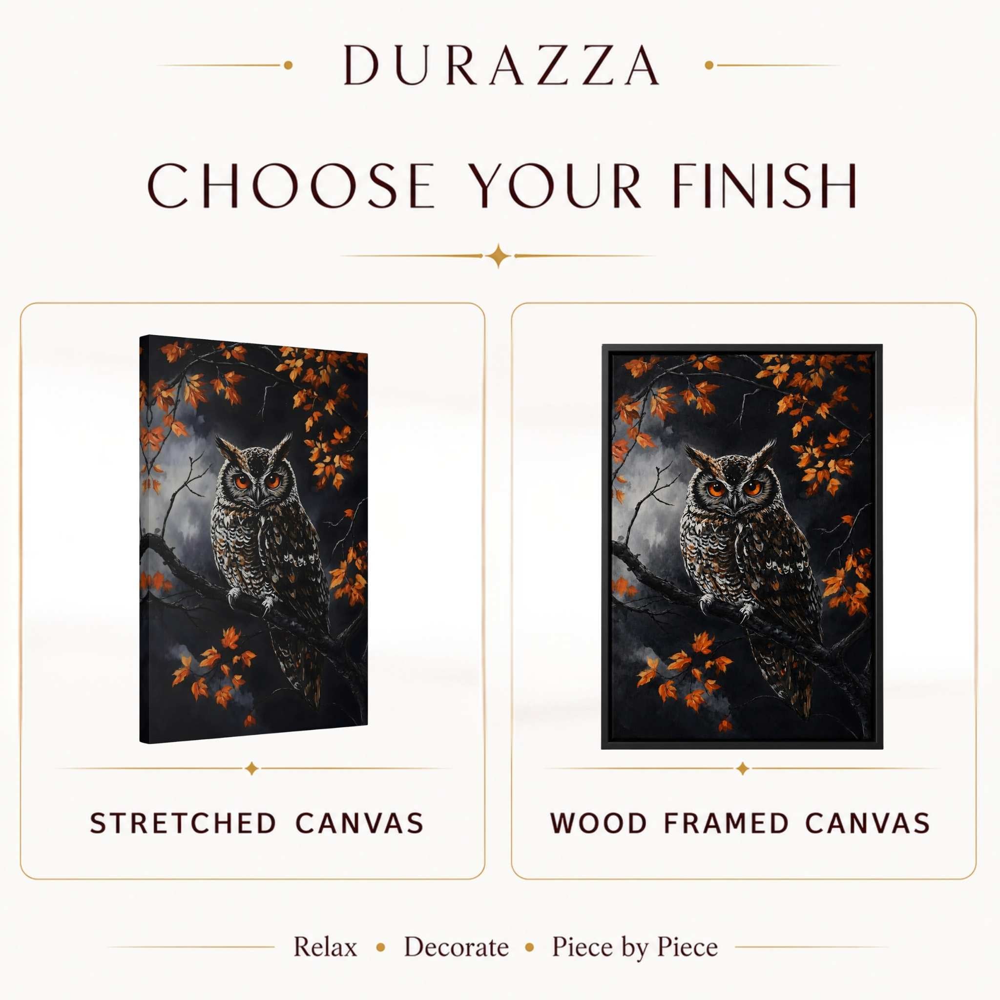 Two owl canvases, one stretched and one wood framed, with 'Durazza' branding.