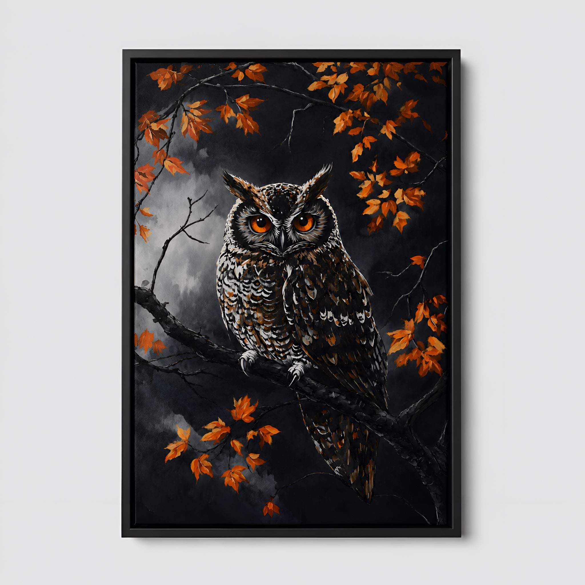 Framed artwork of a gothic owl on a branch with autumn leaves against a dark background