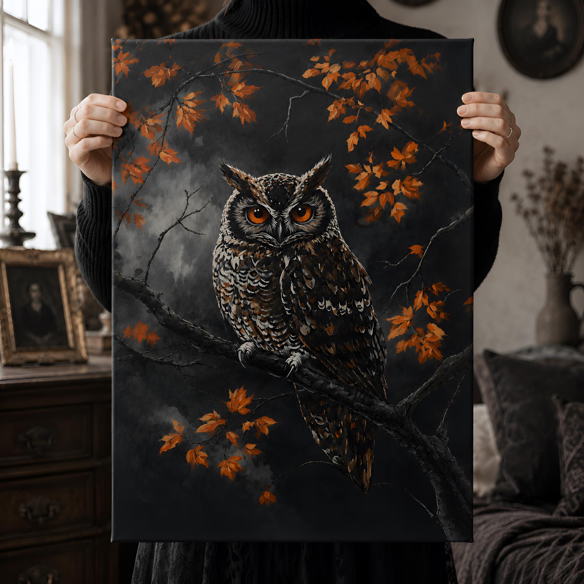 Person holding a canvas painting of an owl with autumn leaves in a room.