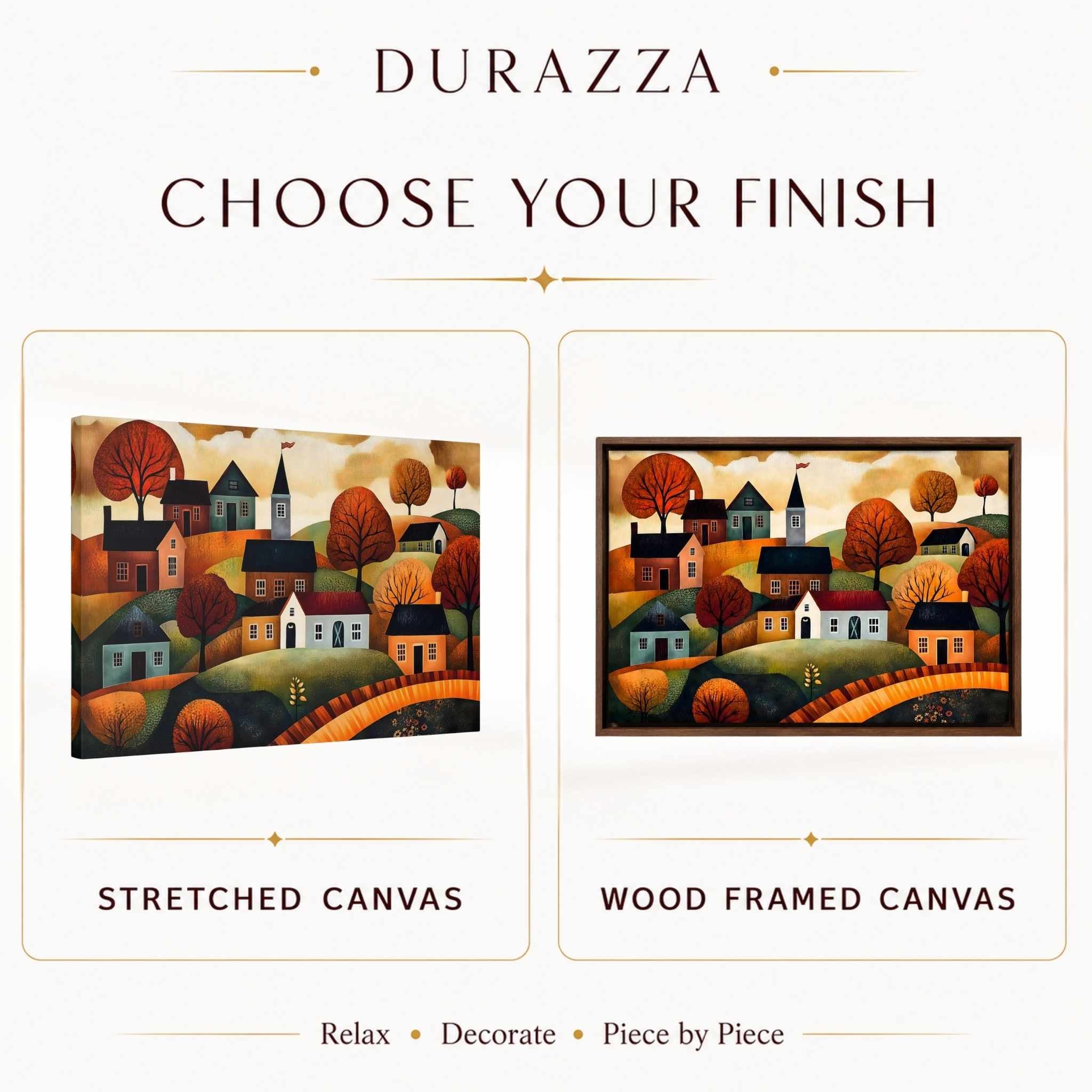 Two versions of a colorful fall landscape painting, one stretched on canvas and one wood framed, with 'Durazza' branding.
