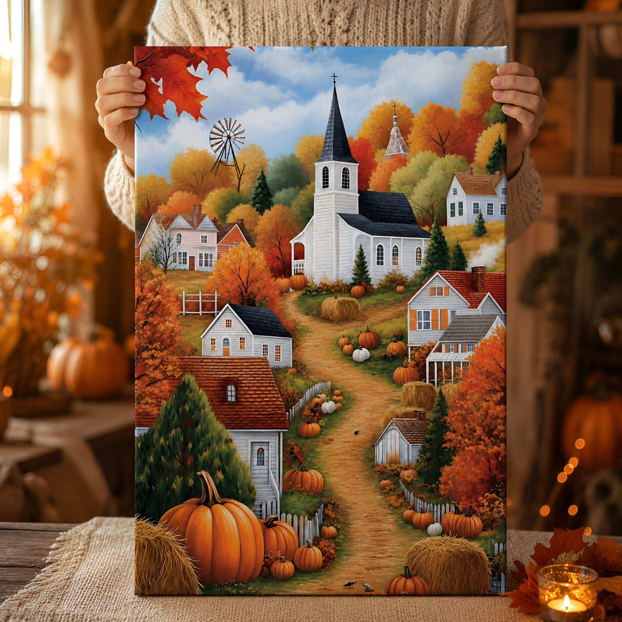 Folk Art Church Village Canvas 16x24 or 24x36 | Harvest Glow