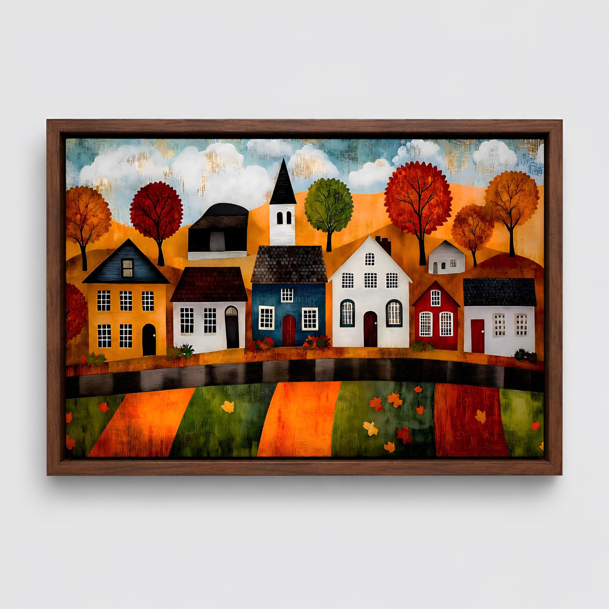 Folk Art Cottage Row Canvas 16x24/24x36 | Autumn Village Vista