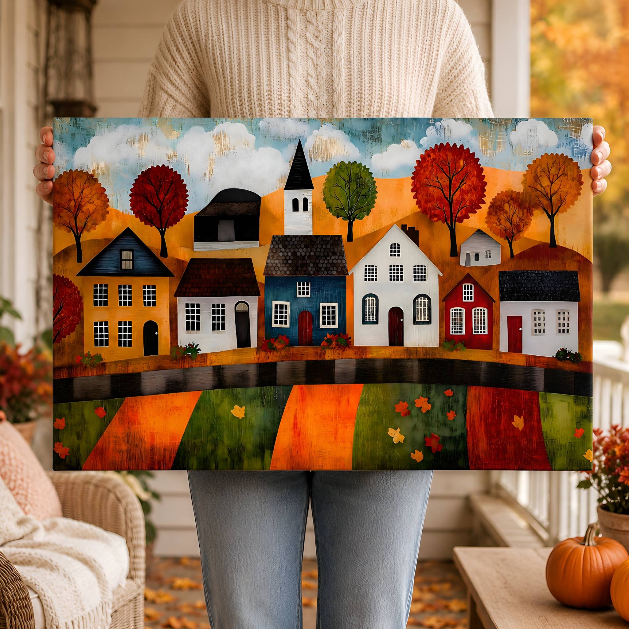 Folk Art Cottage Row Canvas 16x24/24x36 | Autumn Village Vista