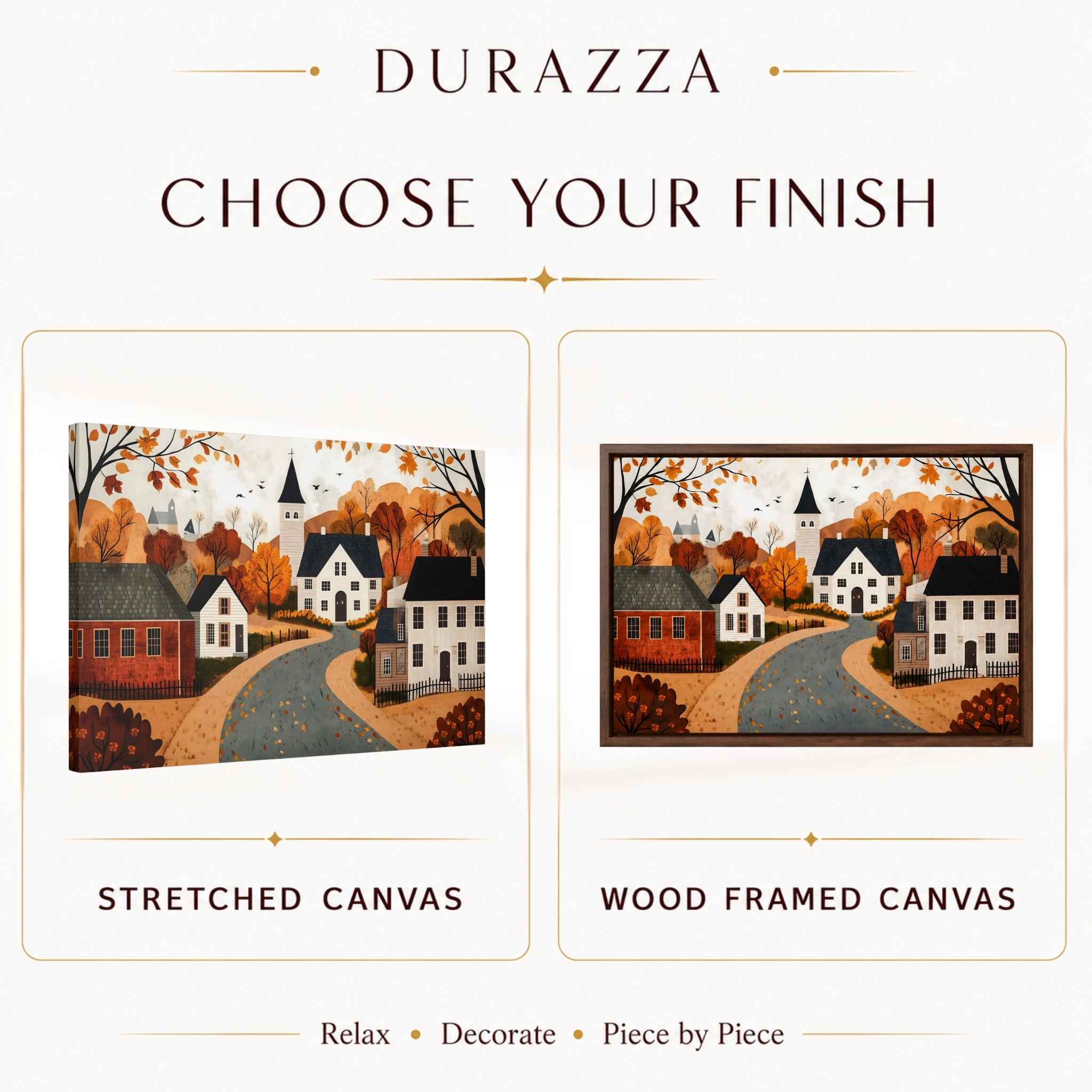 Product display with 'Durazza' branding, showing stretched canvas and wood framed canvas options.