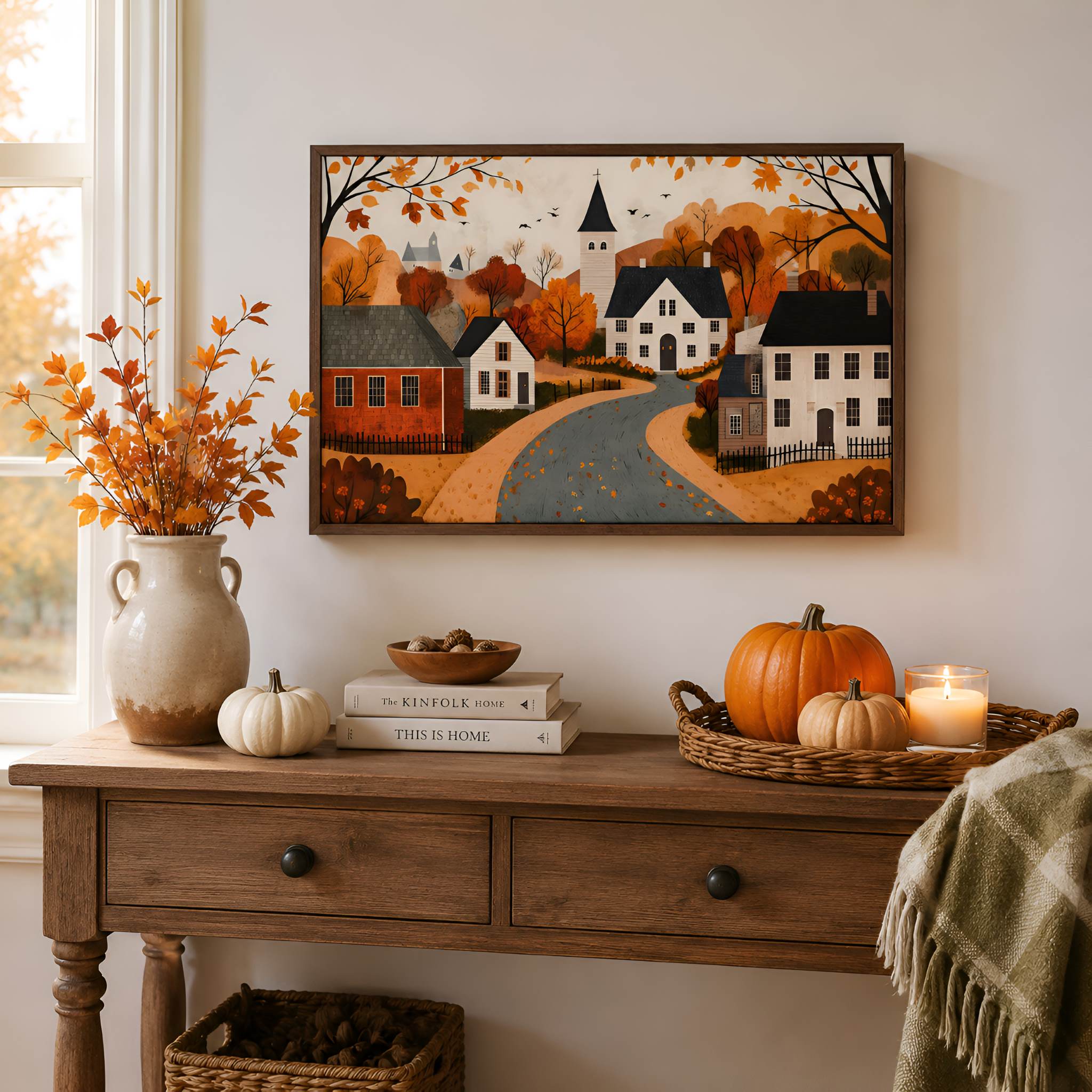 Decorative autumn scene with a painting, pumpkins, and candles on a cottage styled wooden table.