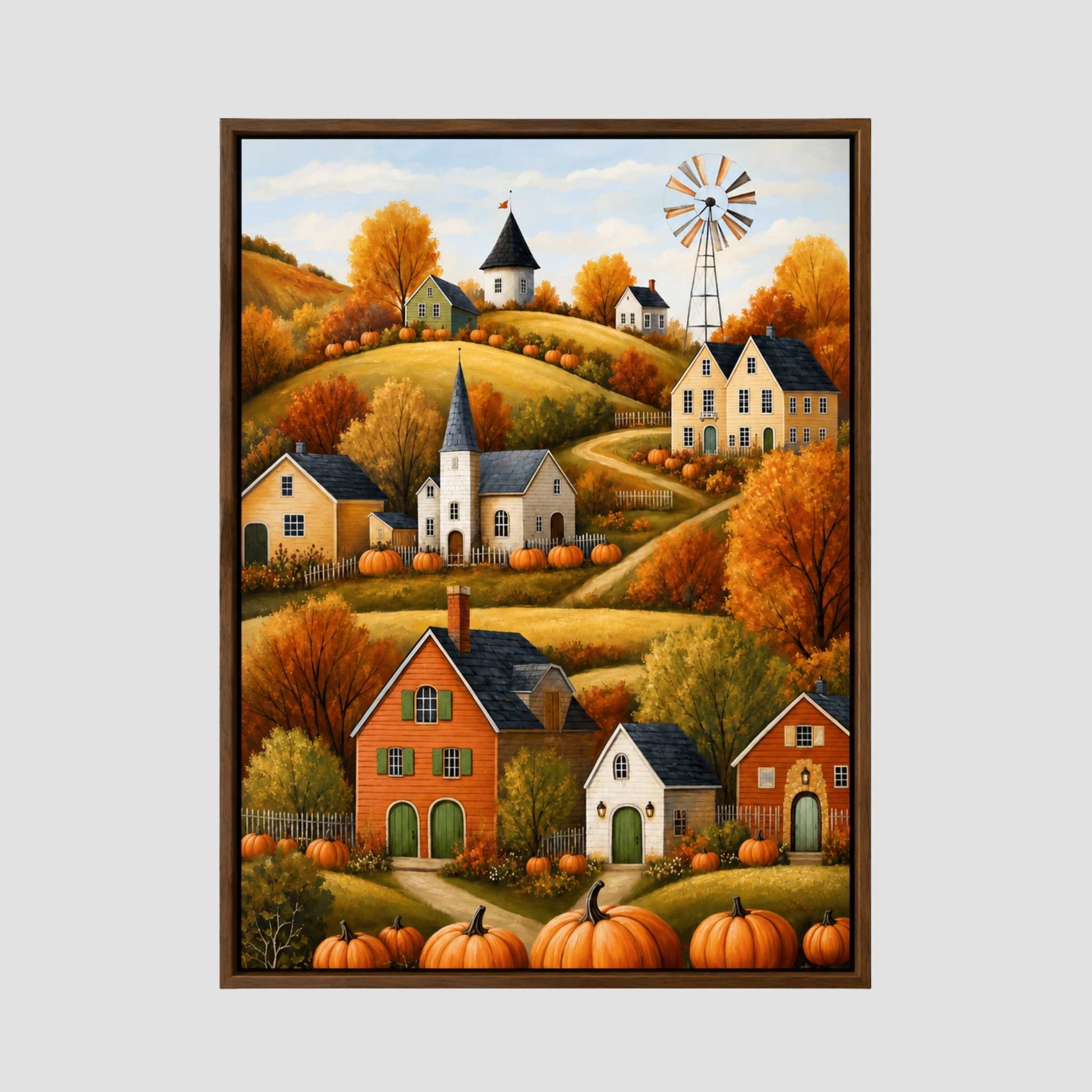 Folk Art Pumpkin Hill Village Canvas Wall Art - Durazza