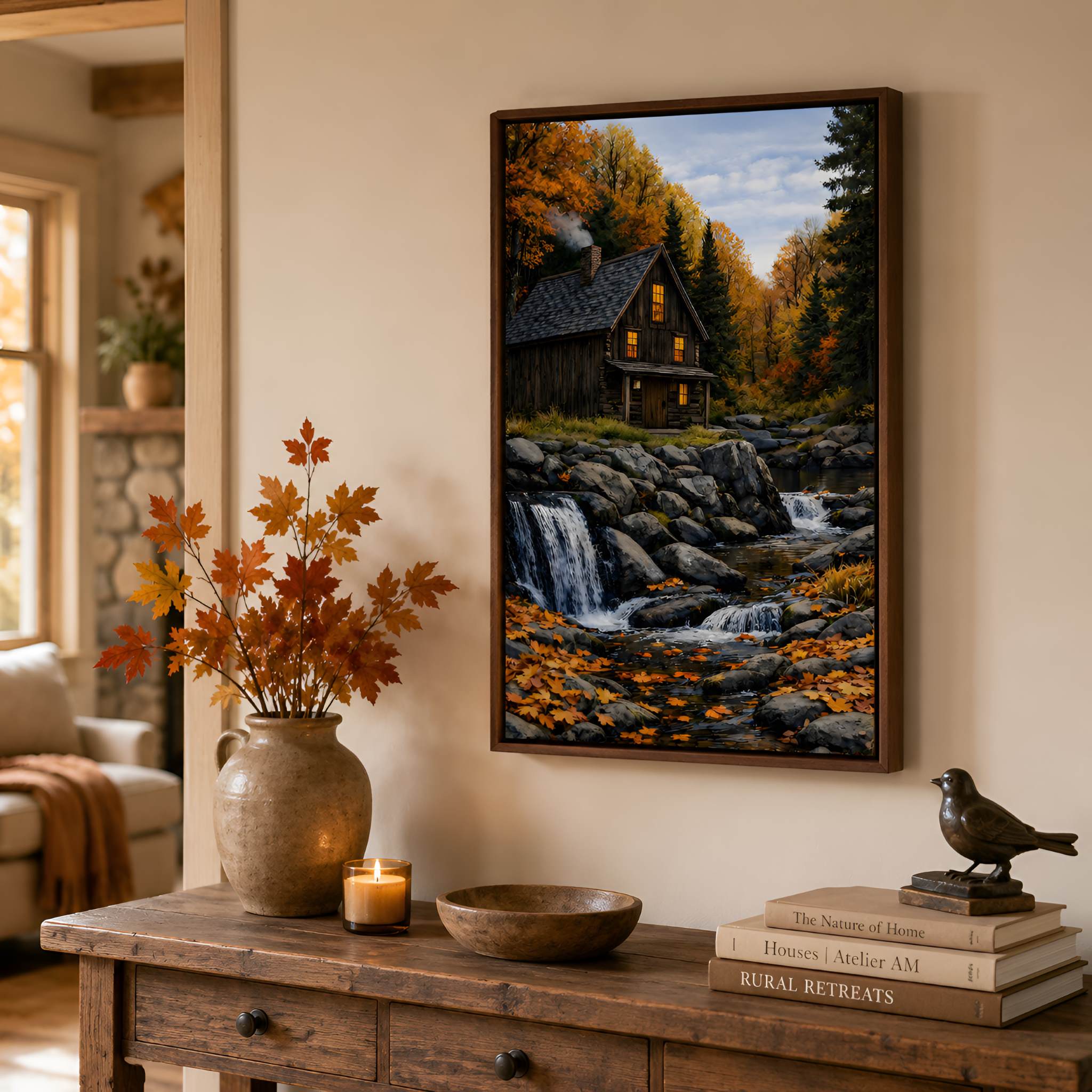 Rustic Cabin Waterfall Canvas 16x24/24x36 | New Hampshire Haven