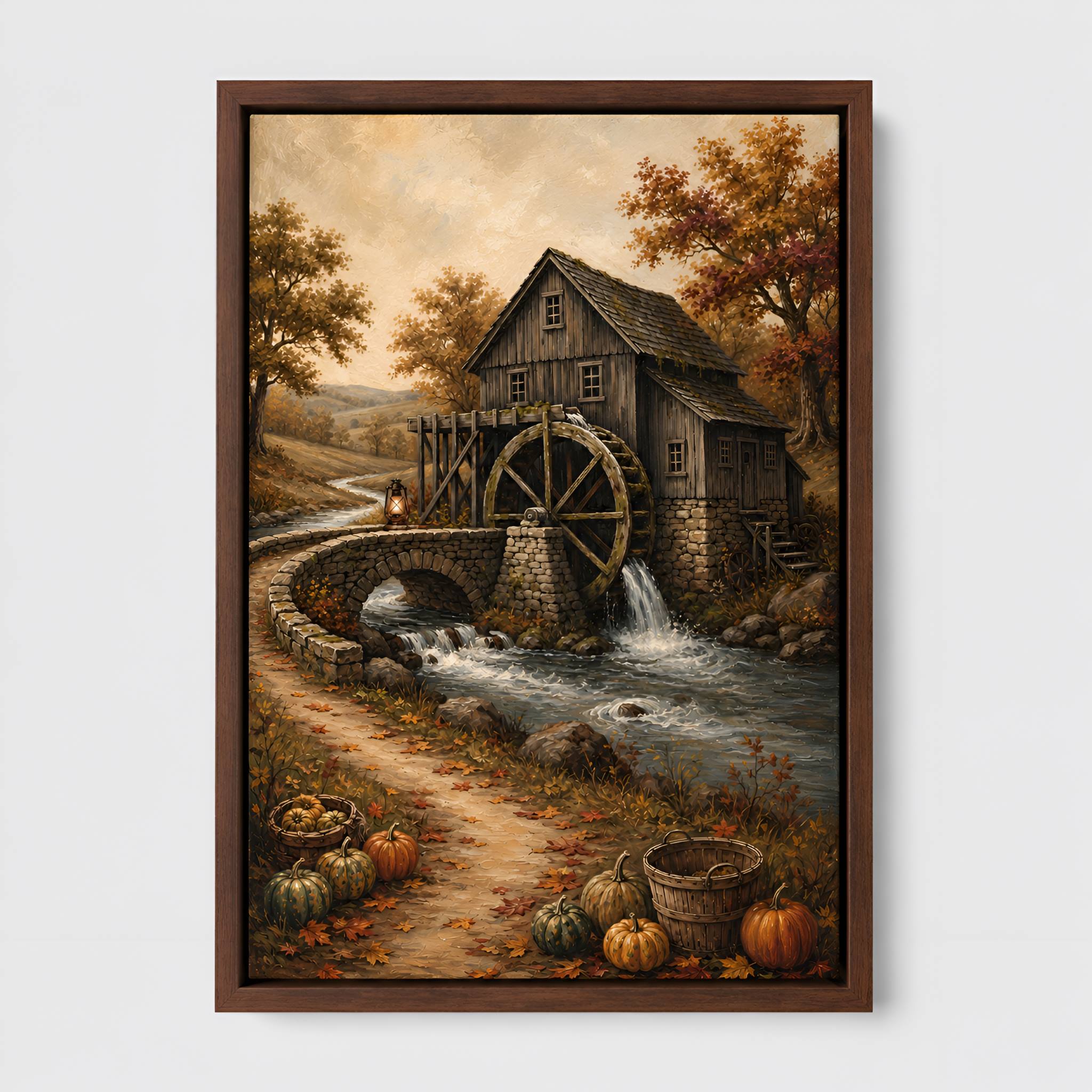 Walnut framed canvas painting of a rustic mill with a water wheel and autumnal elements.