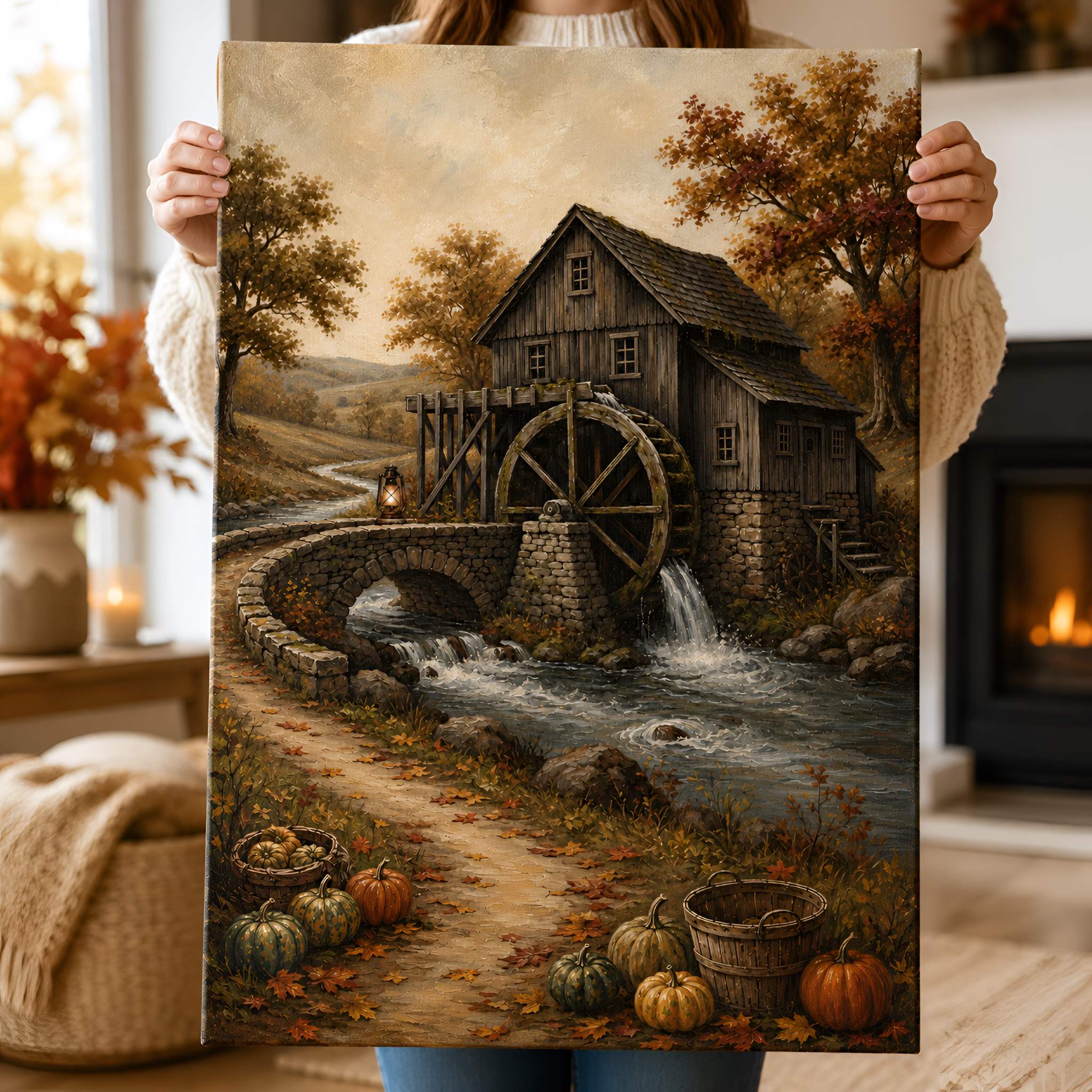 Person holding a painting of a rustic mill by a stream with pumpkins and autumn leaves.