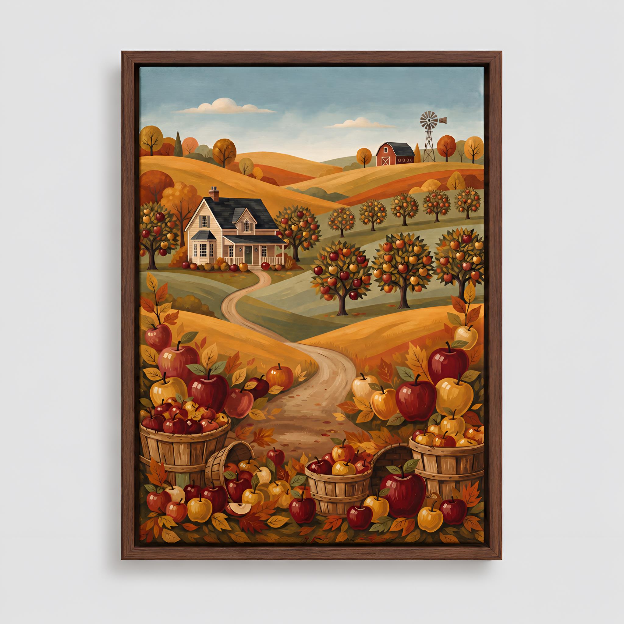 Framed artwork of a rustic rural landscape with houses, trees, and baskets of apples.