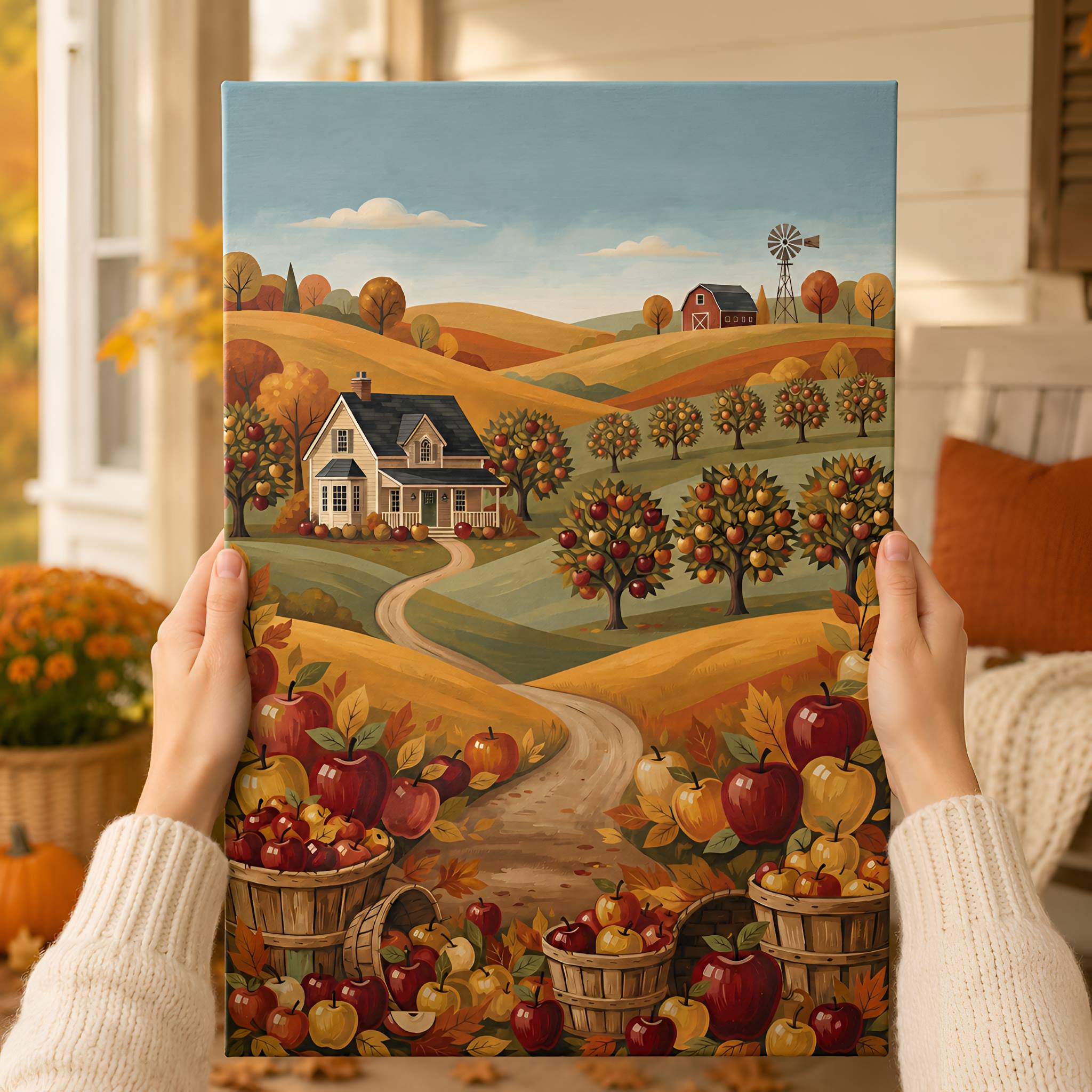 Person holding canvas wall art of an Autumn rural folk art painting with houses, trees, and apples.