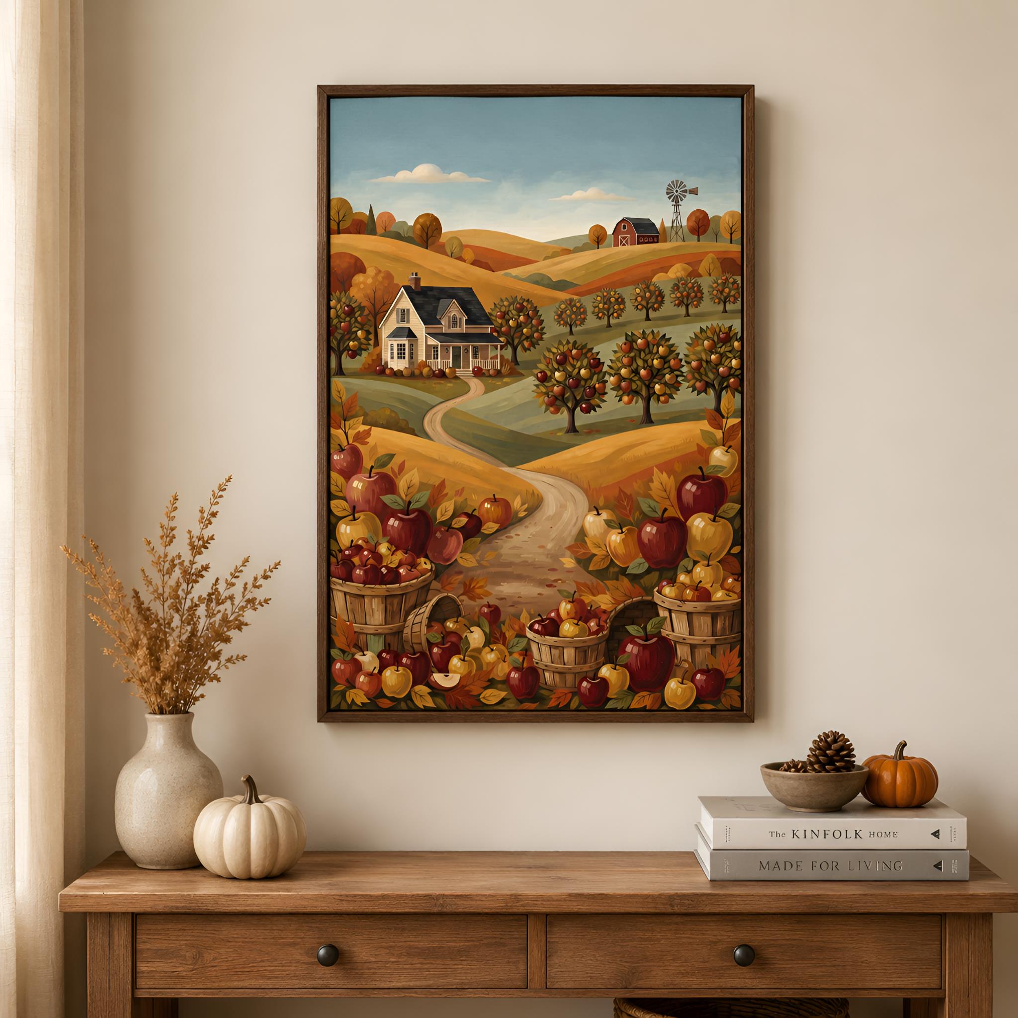 Walnut framed Folk art of a rustic landscape with fruit baskets on a wall above a wooden console table.