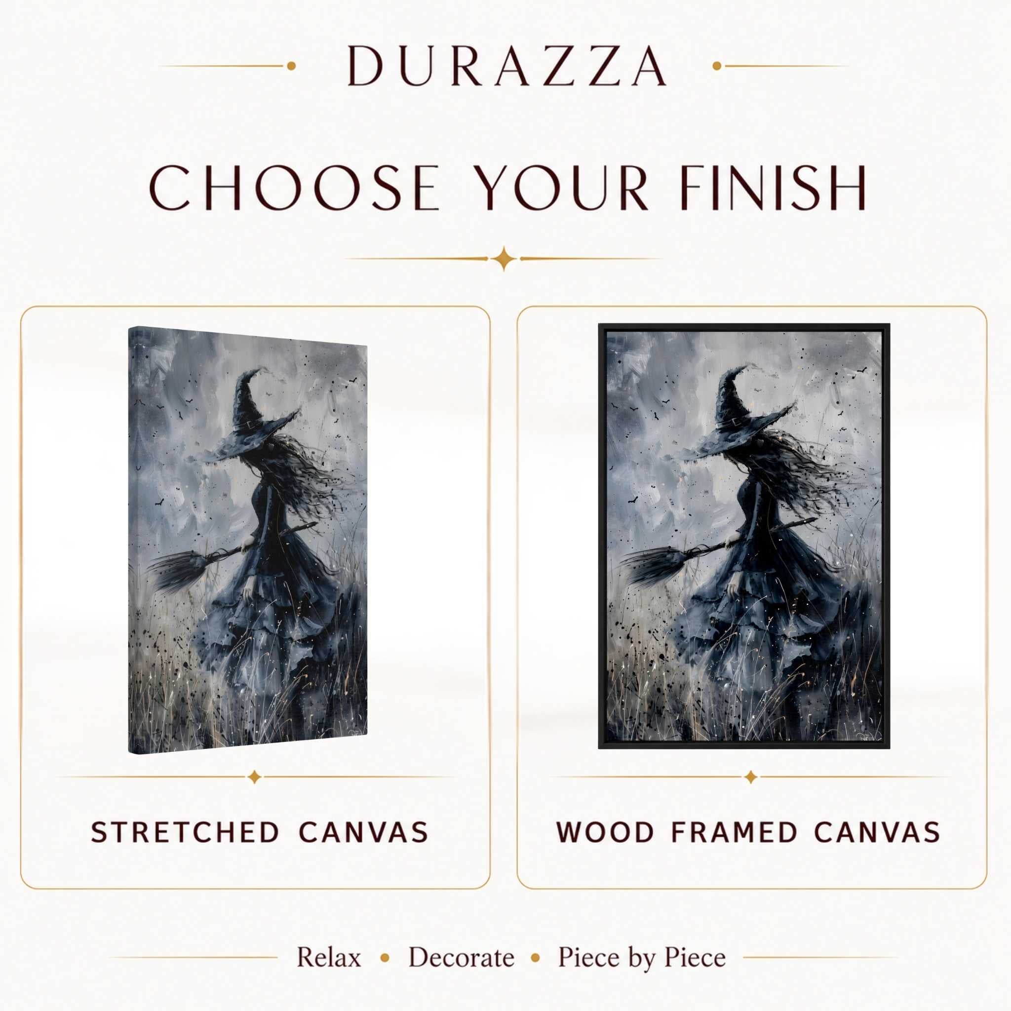 Two versions of a witch wall artwork by Durazza, one stretched on canvas and one wood framed, with text 'Choose Your Finish' above.