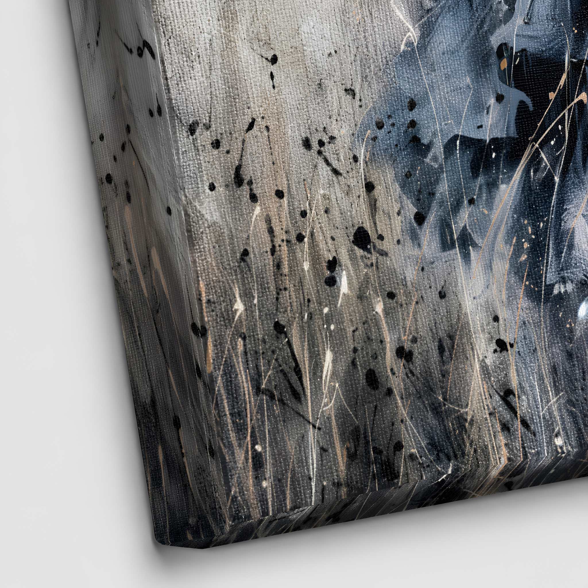 Abstract witch art piece with black, white, and gray colors on a textured surface.