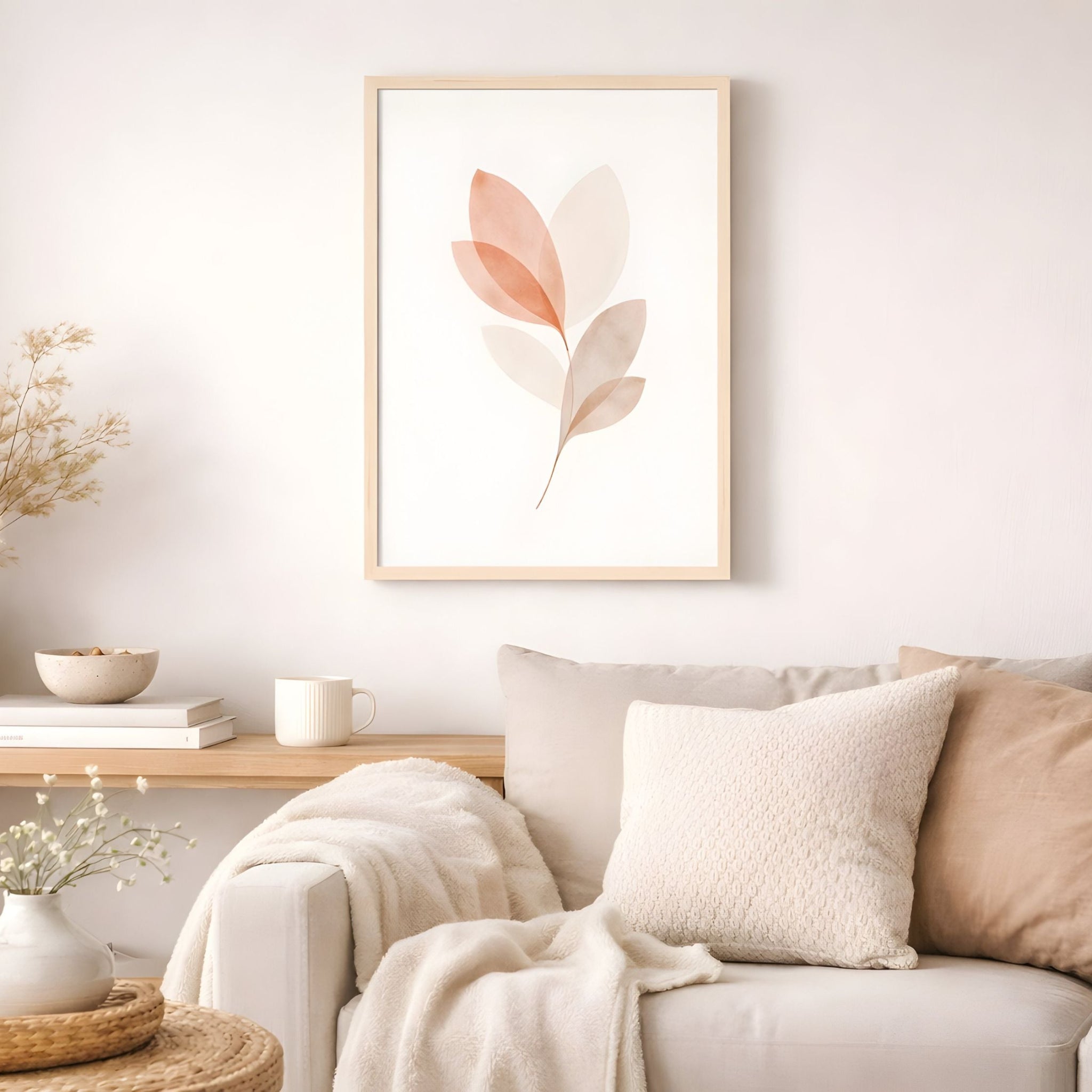 Cozy cottage  living room with a sofa, coffee table, featuring pink leaf wall art.