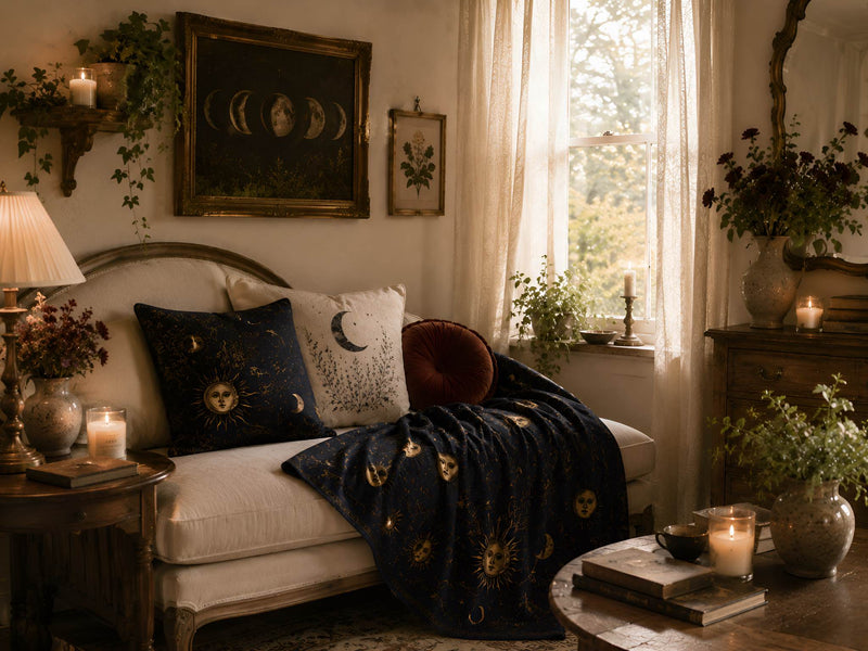 Whimsigoth home decor with celestial pillows, moon wall art, candles, plants, and a cozy antique sitting area.