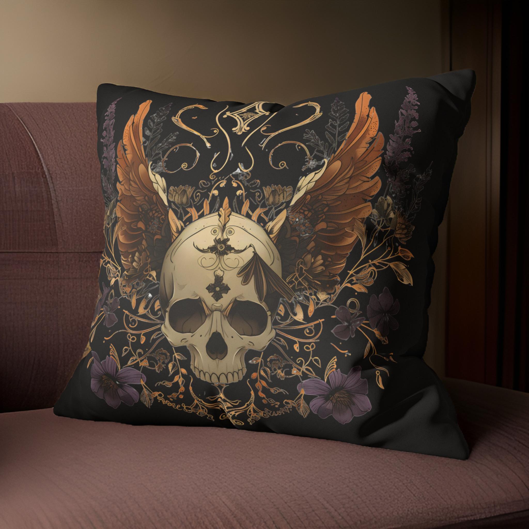 Winged Wonder Throw Pillow: Macabre Skull