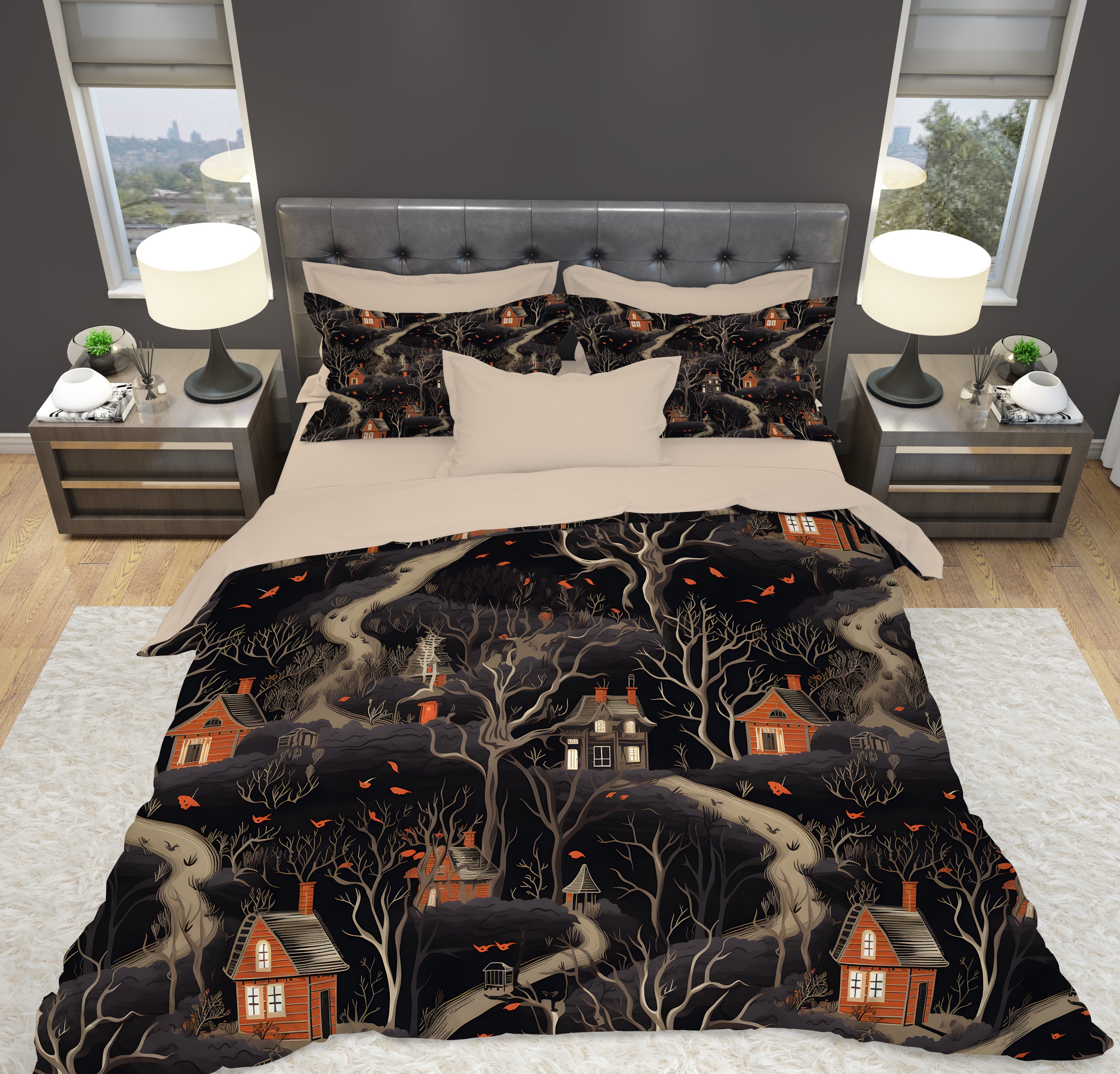Witches Woodland Duvet Cover with Pillow Shams Cottagecore, Microfiber