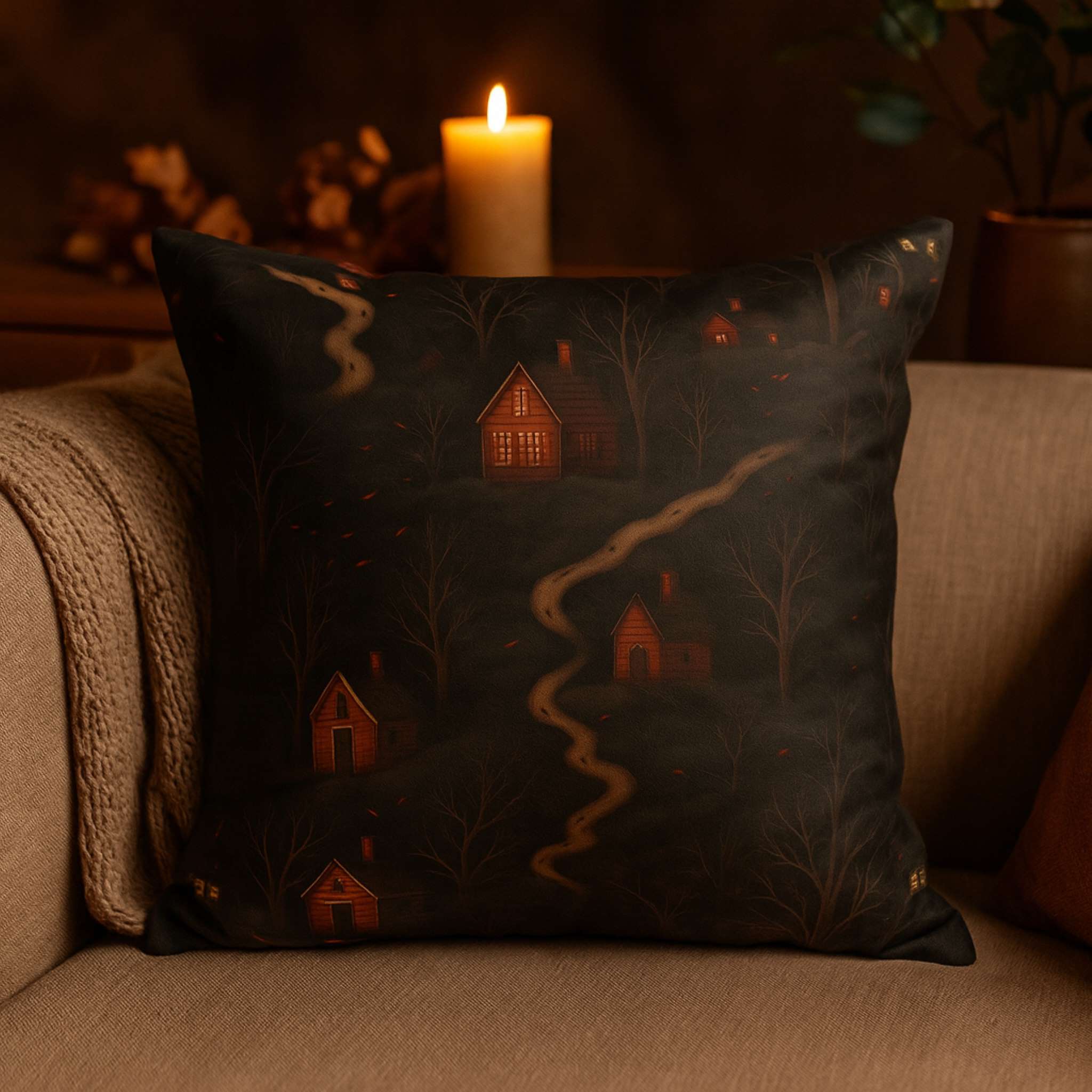 Decorative pillow with house pattern on a couch next to a lit candle