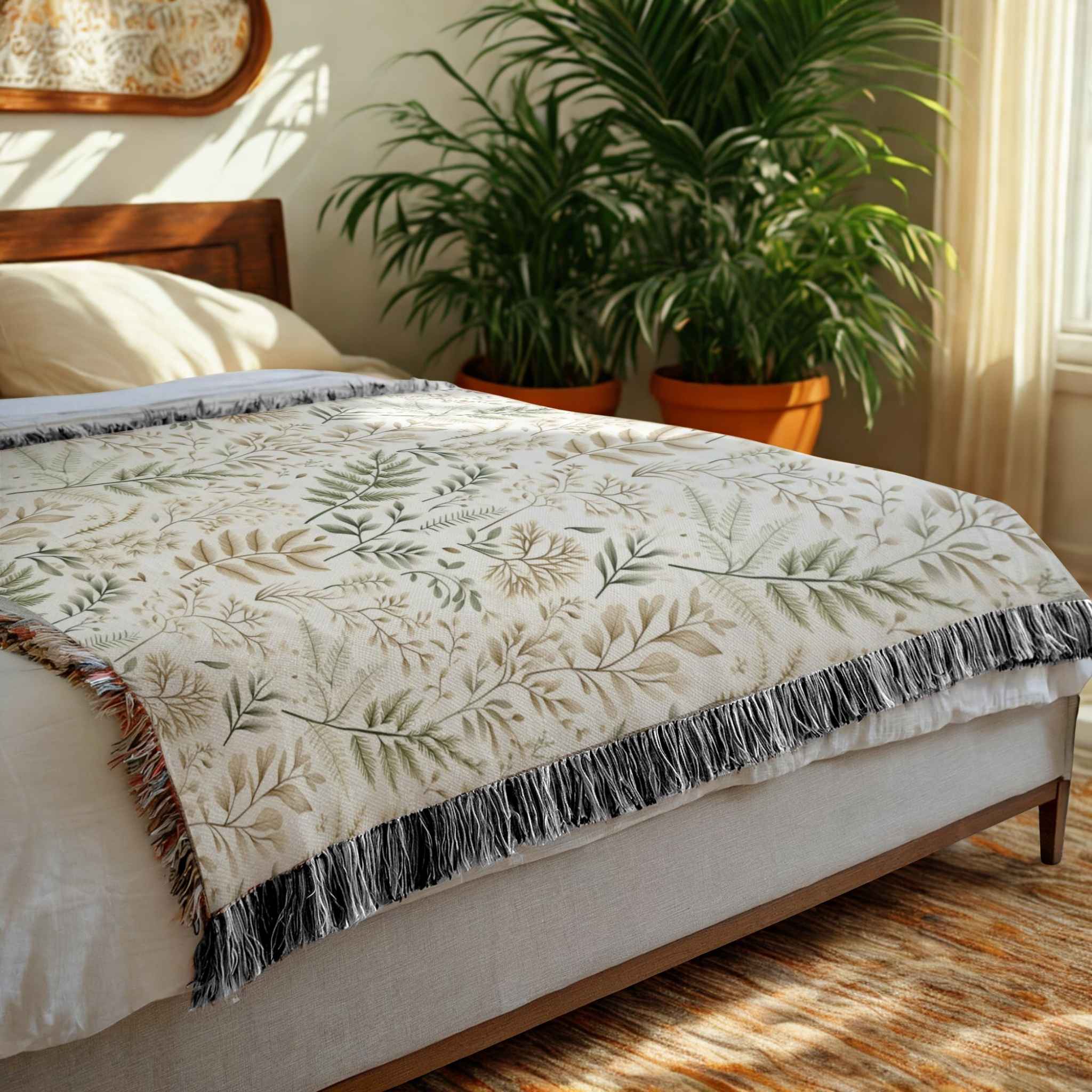 Floral-patterned blanket on a bed in a bedroom with plants and sunlight.