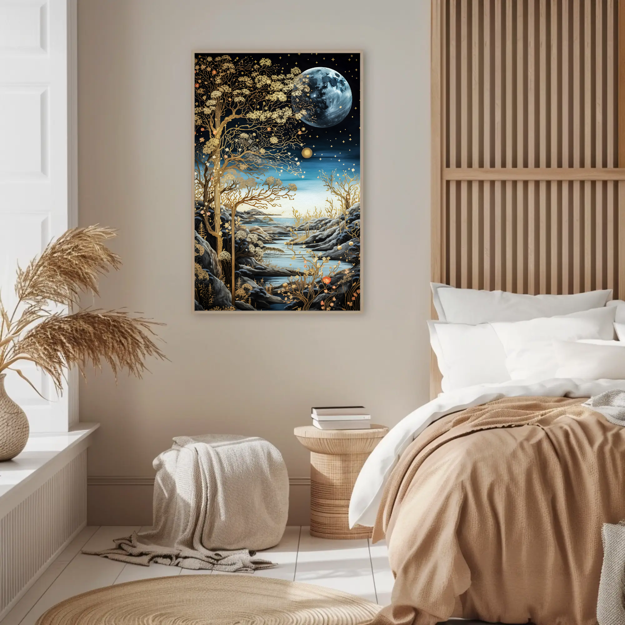Starlit Bloom Wall Art: Surreal Dreamscape Painting