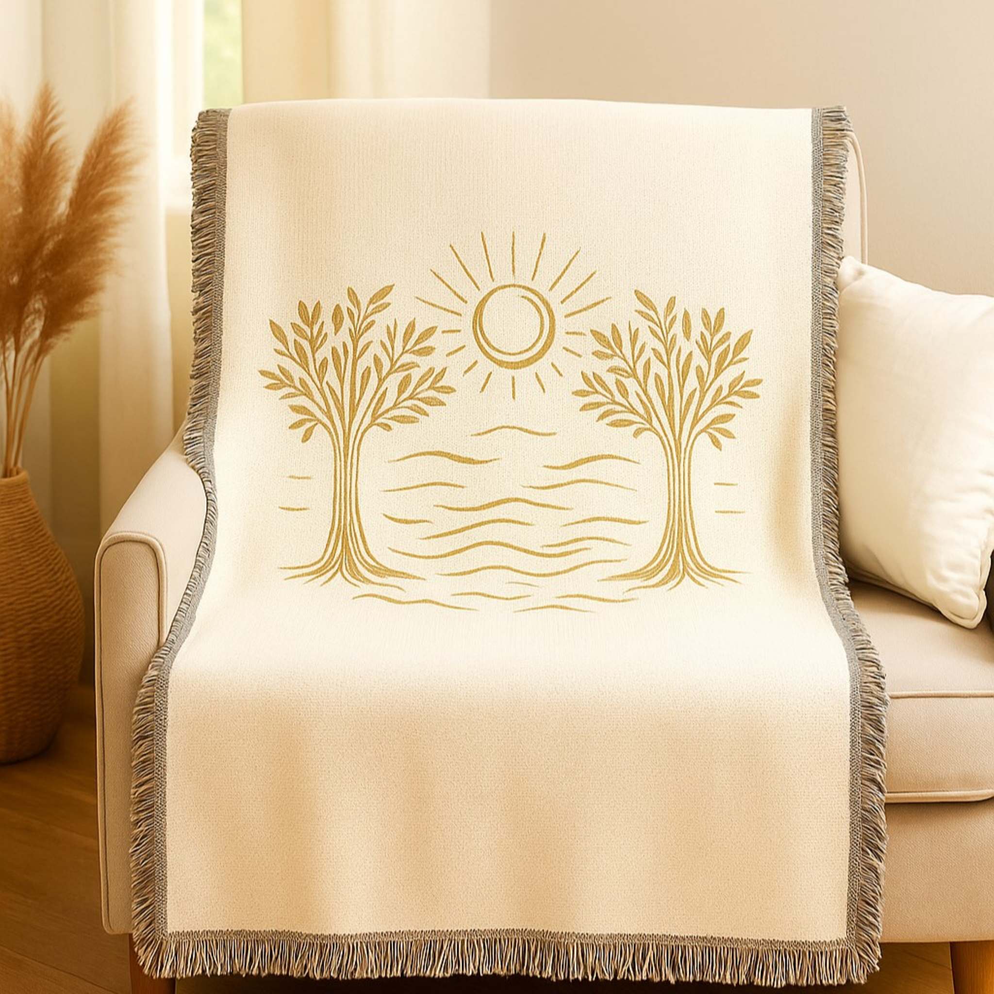 Beige blanket with tree and sun design draped over a couch.