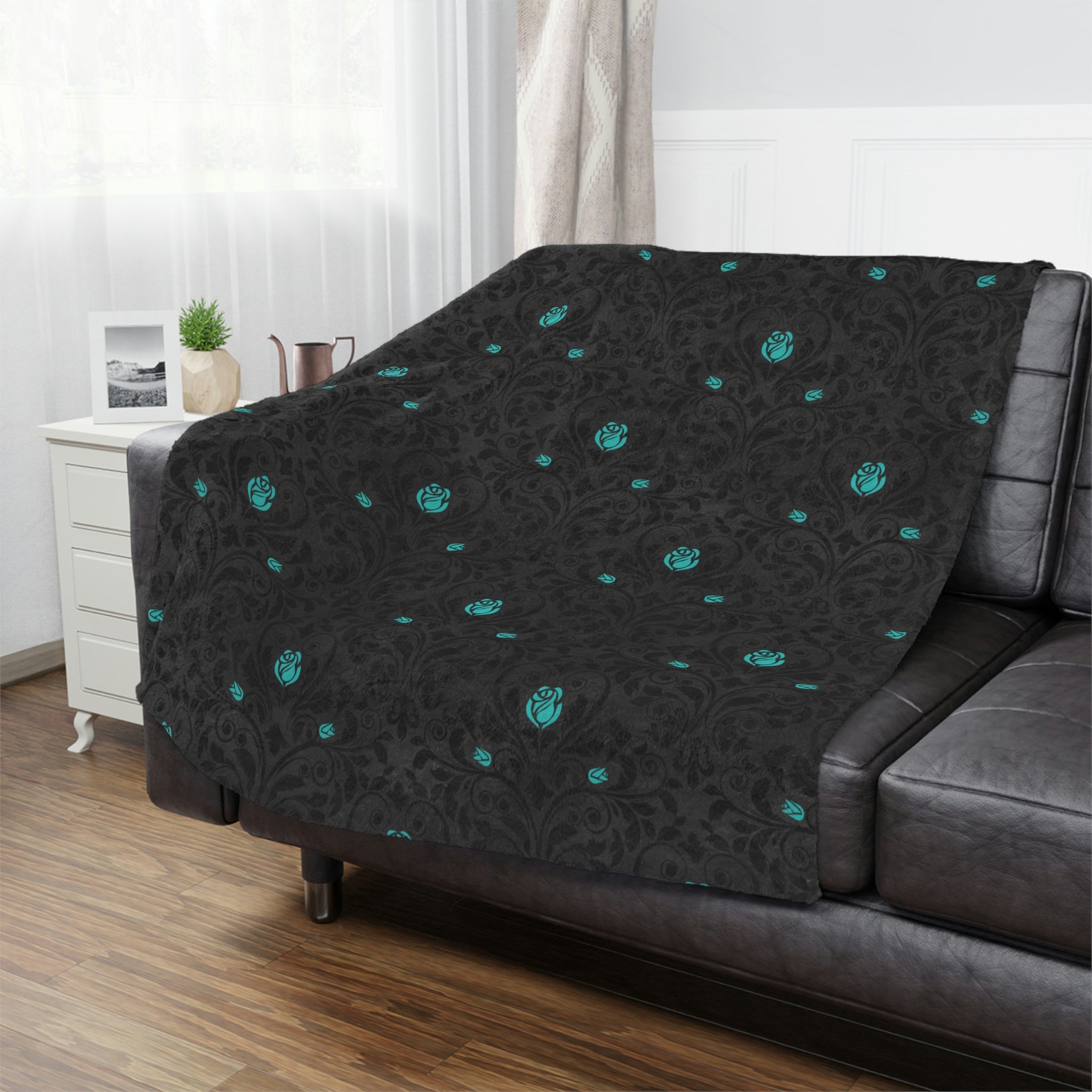 Teal Rose Black Throw Blanket, Minky or Sherpa Multi-Sized - Durazza