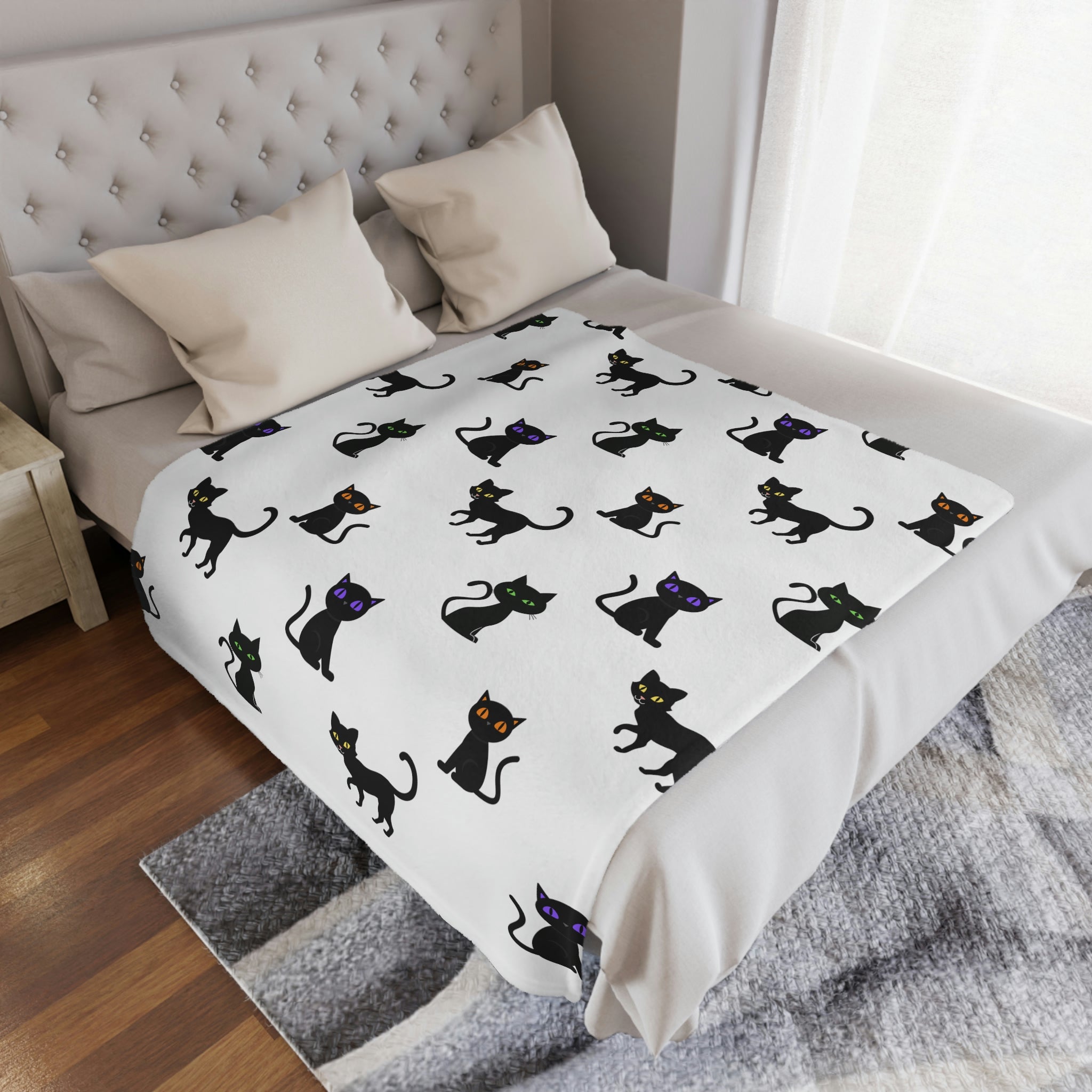 Black Cat Throw Blanket, White Minky, Kids or Adult Size - Durazza