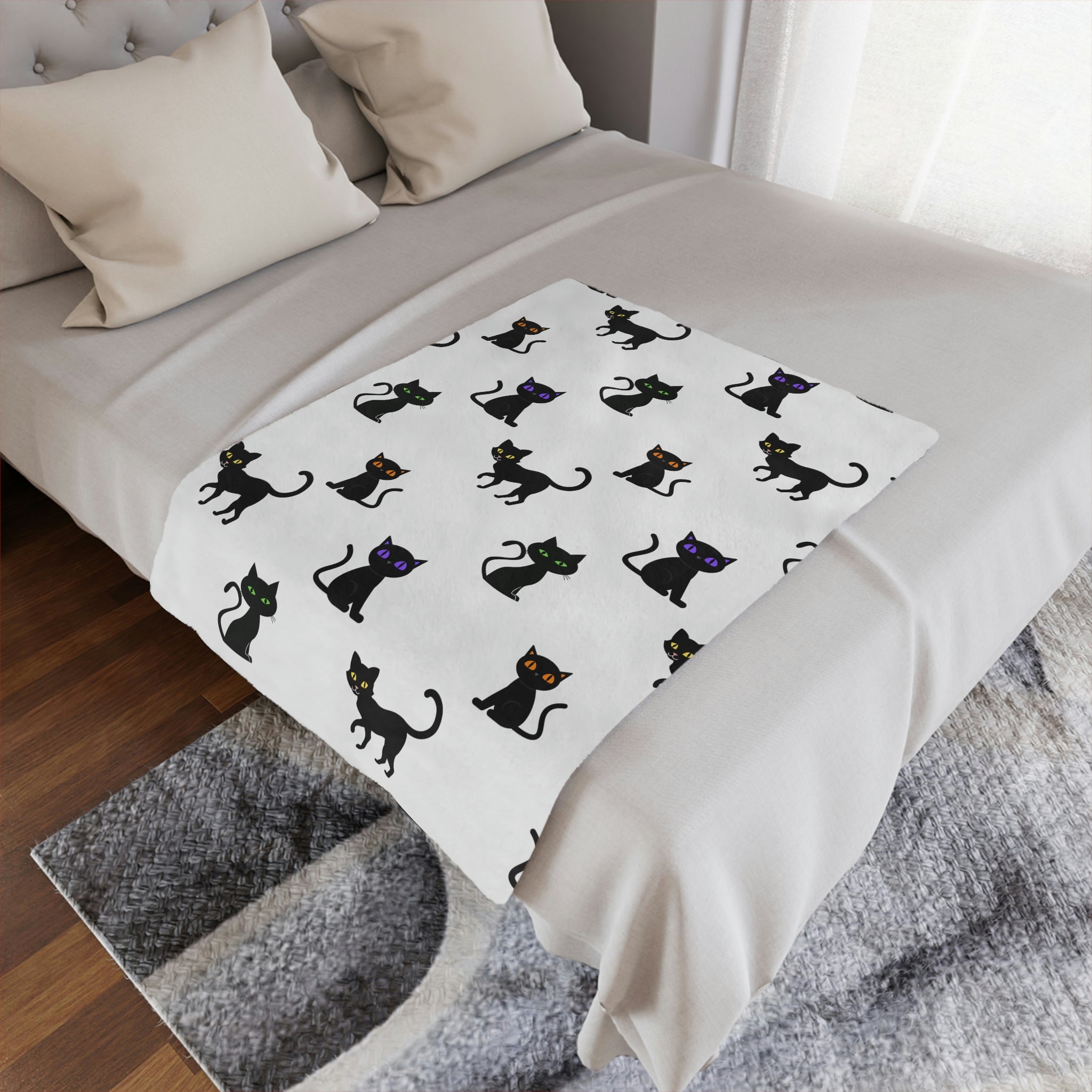 Black Cat Throw Blanket, White Minky, Kids or Adult Size - Durazza