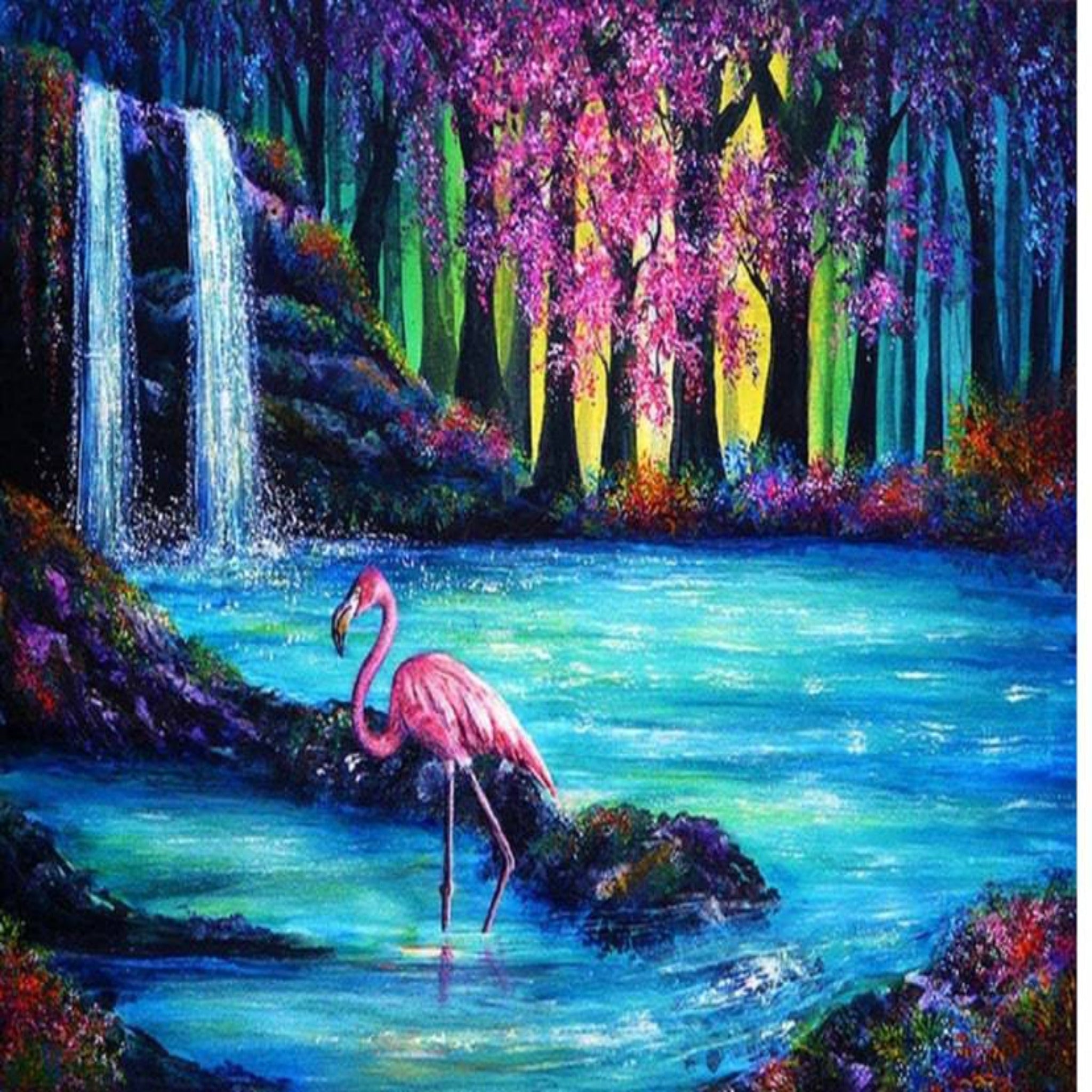 Flamingo Diamond Painting Art Kit, 5D, Full Drill, Round 60*50, Waterfall Diamond Art - Durazza