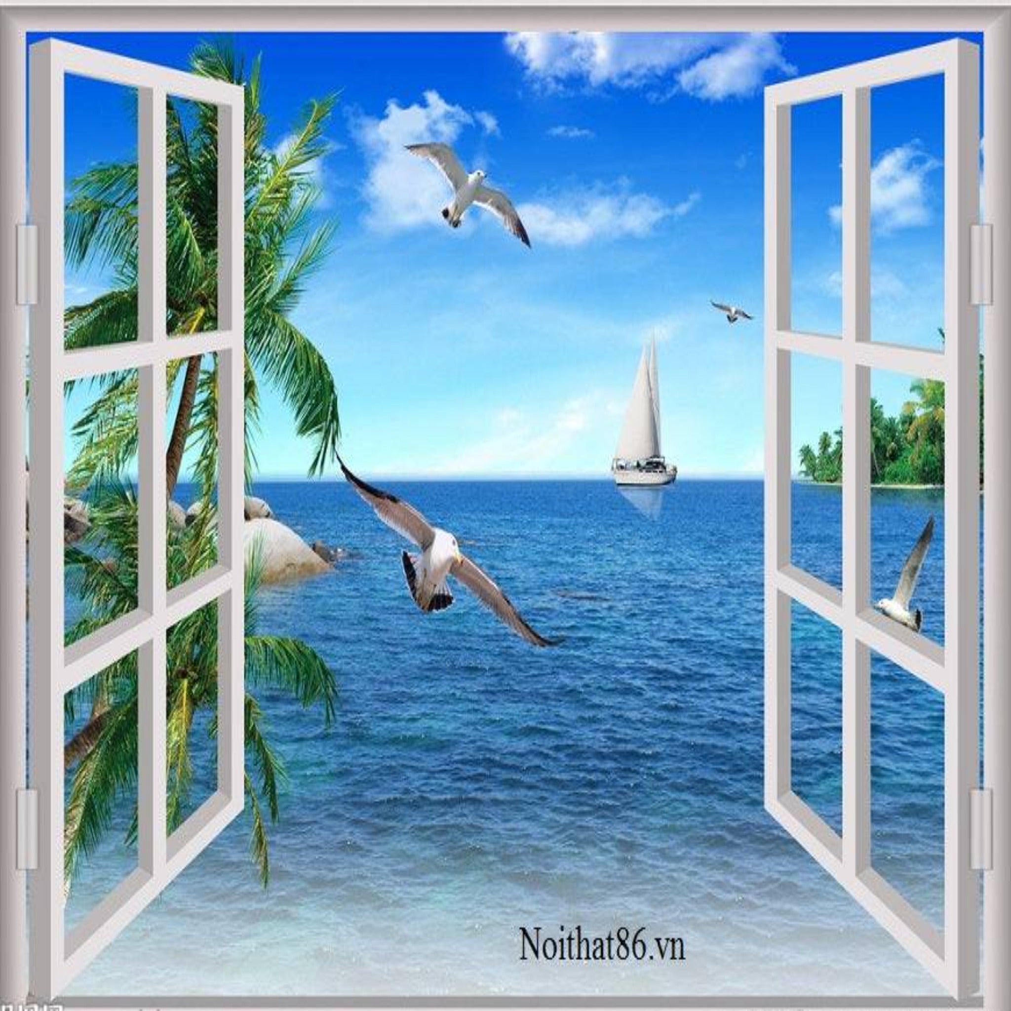 Window Ocean with Flying Seagull Diamond Painting Kit-5D Square Full Drill 45*65 - Durazza